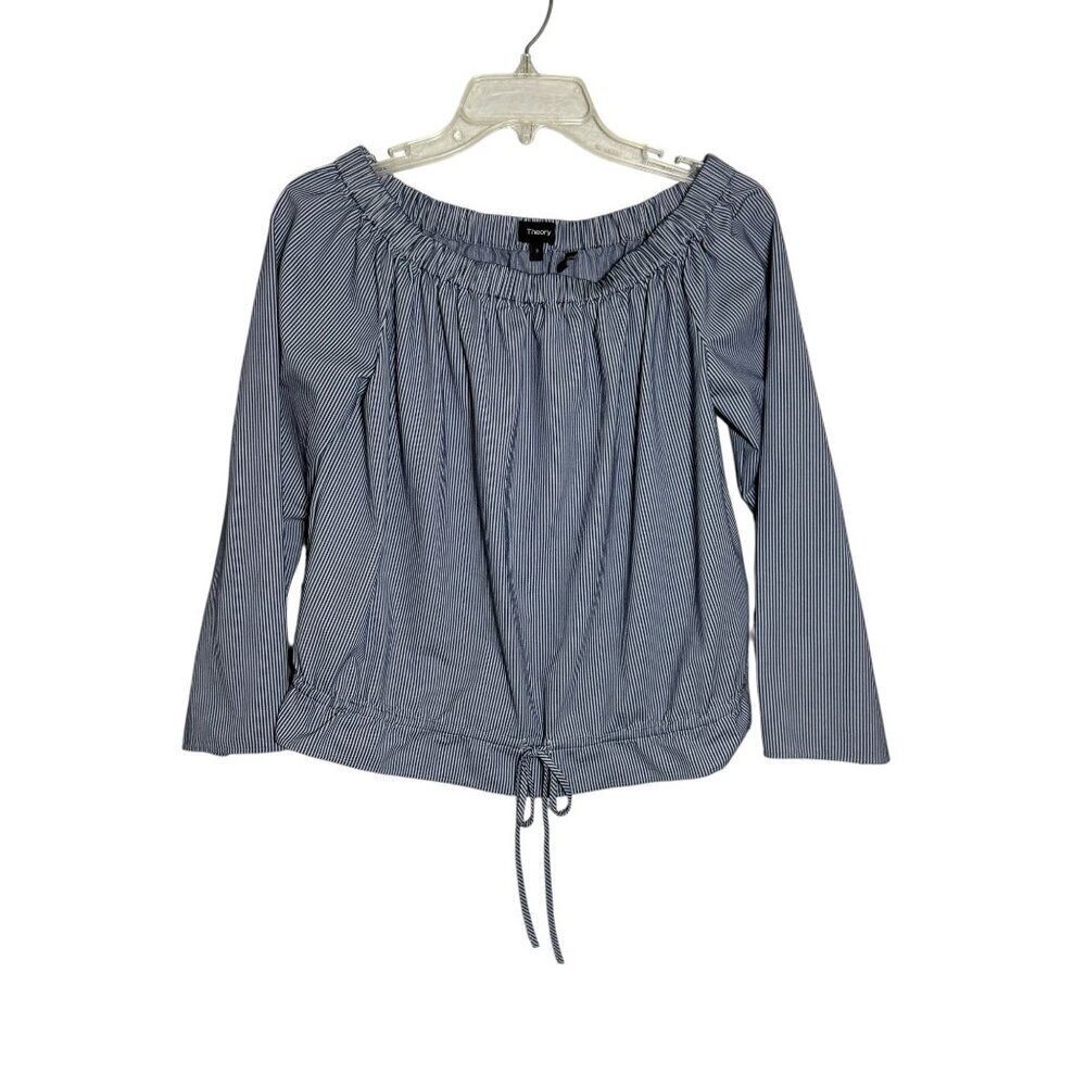 Theory Womens Striped Off-Shoulder seersucker Drawstring Top Small blue white